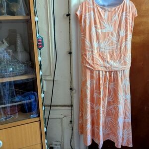 Lands End Faux Wrap Orange Tropical Jersey Knit